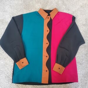 Yves St. Clair Colorblock Blouse - Black, Teal, Magenta, and Brown